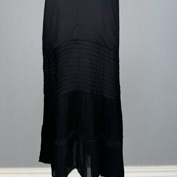 AURA Black Tiered Boho Maxi Dress with Deep V Neck Sheer Ruffled Skirt EUC -  L - Picture 9 of 14
